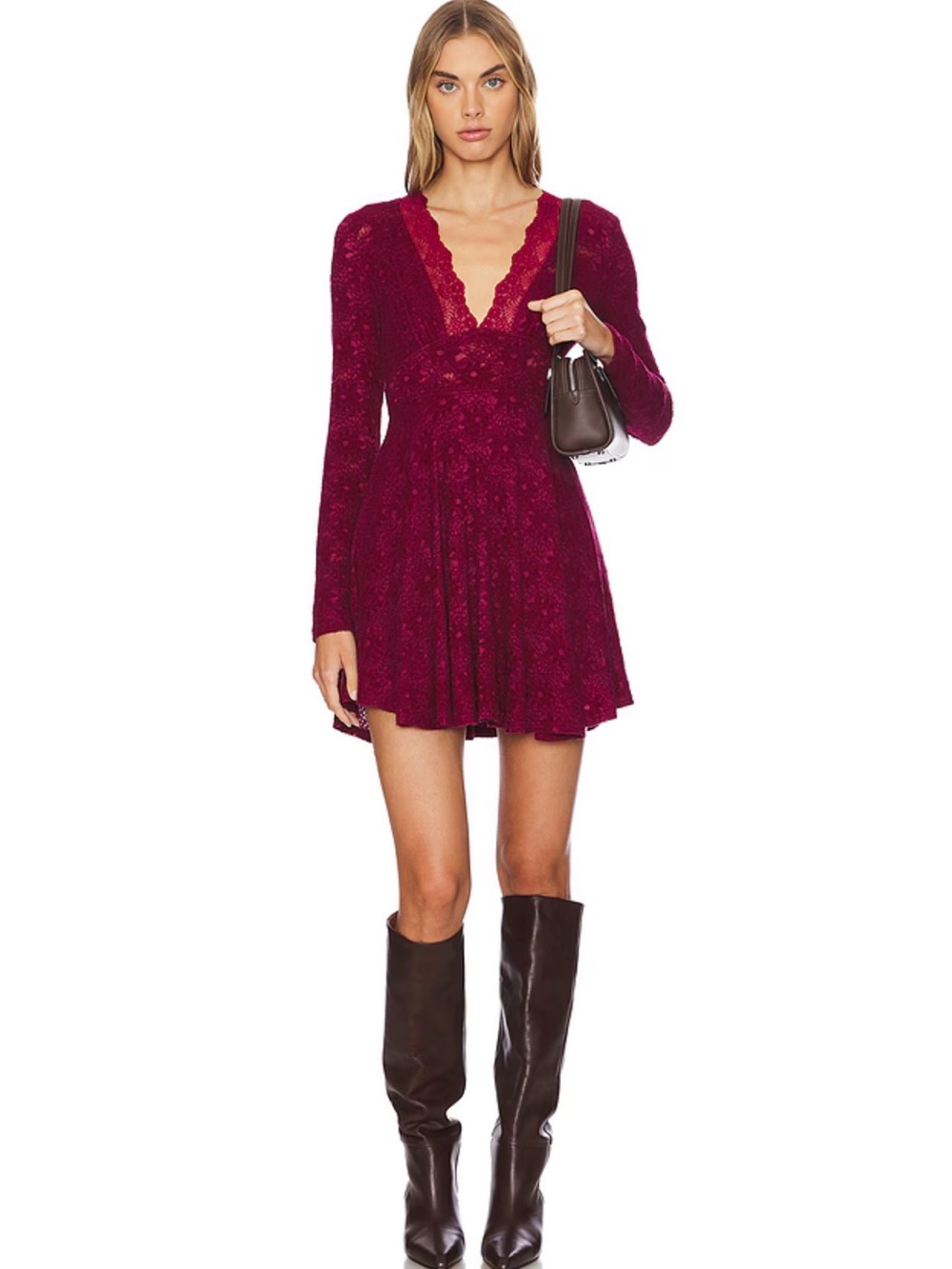 Free People Burgundy Lace V-Neck Mini Dress size M